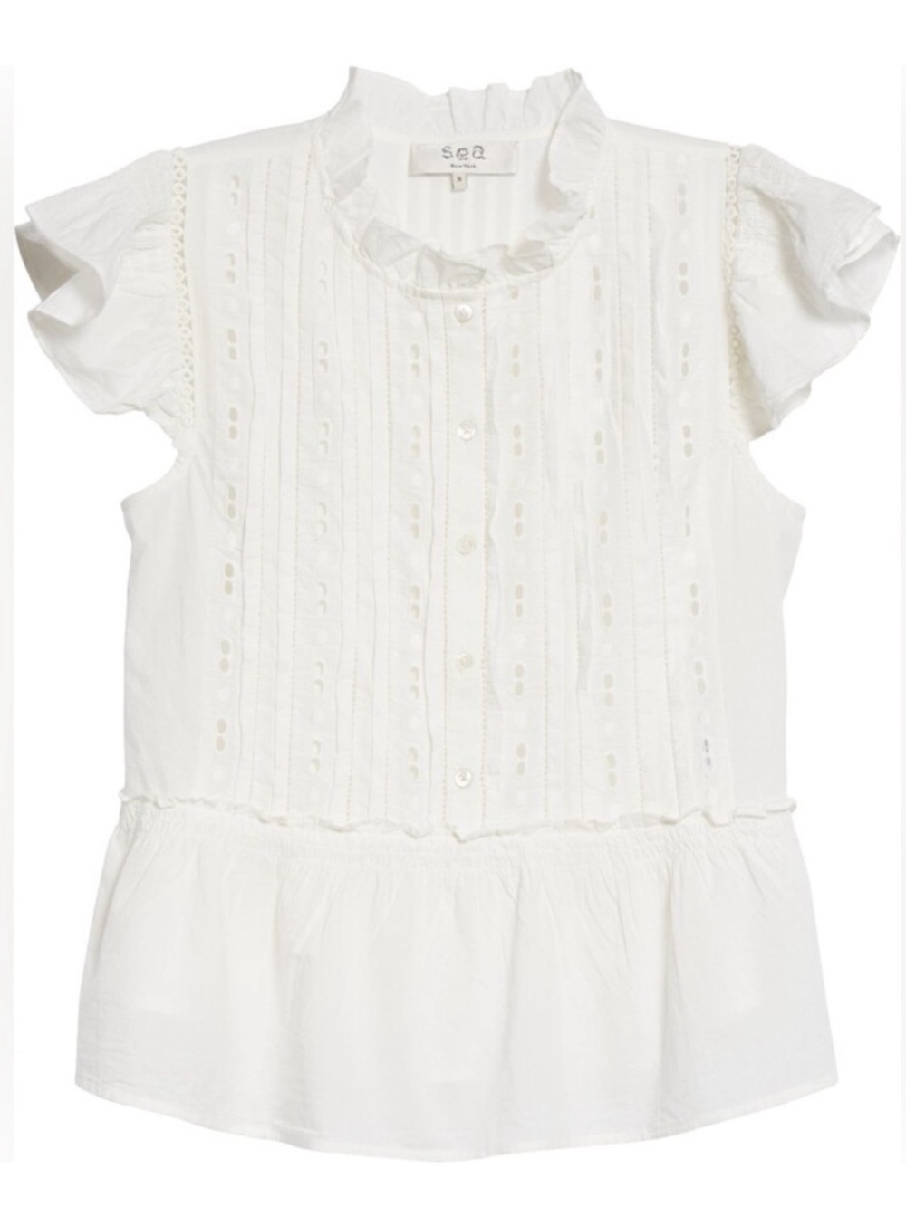 Sea New York Ingrid White Ruffle Pintuck Button-Front Peplum Blouse